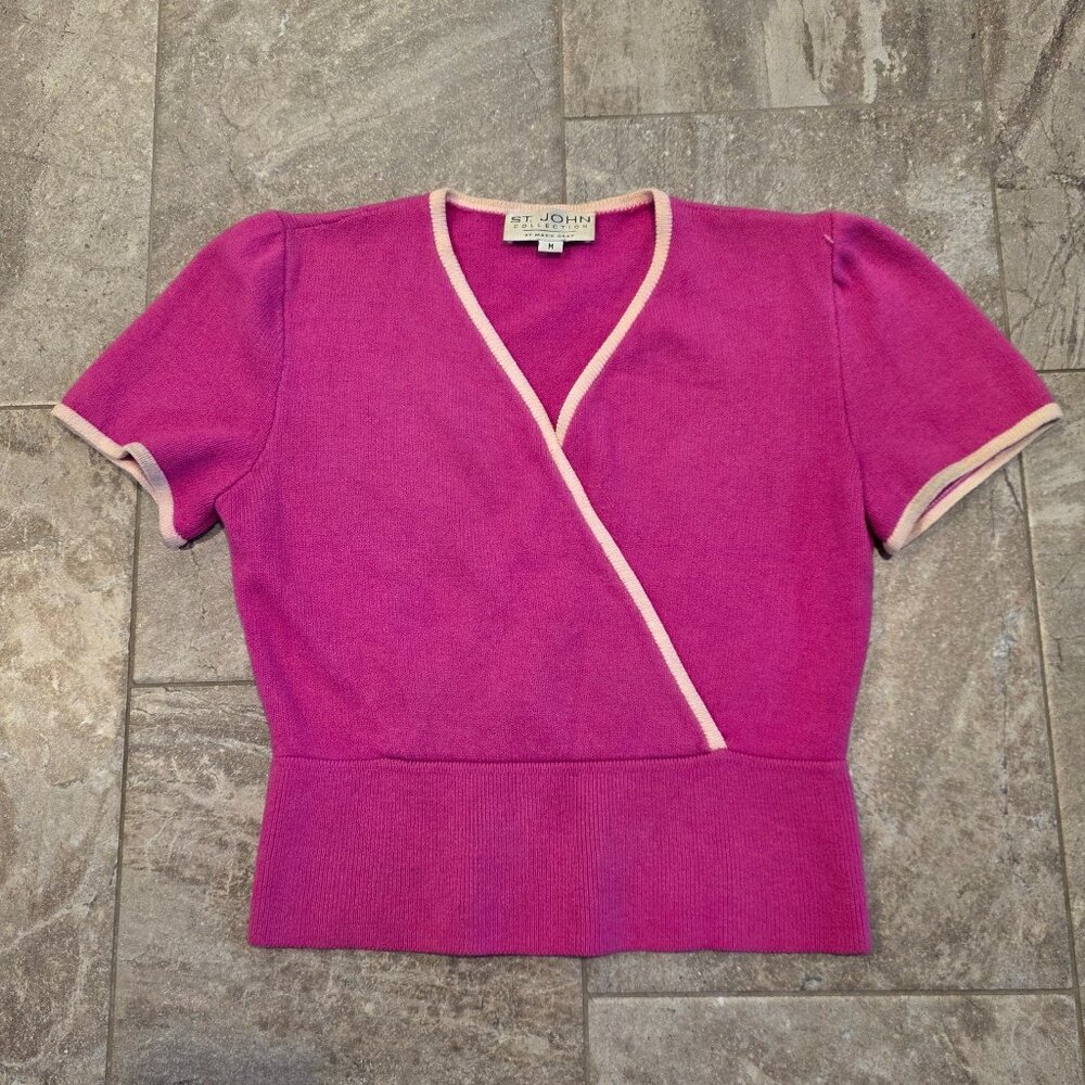 St John Collection Sweater Medium Pink Short Sleeve V Neck Wrap Knit Top